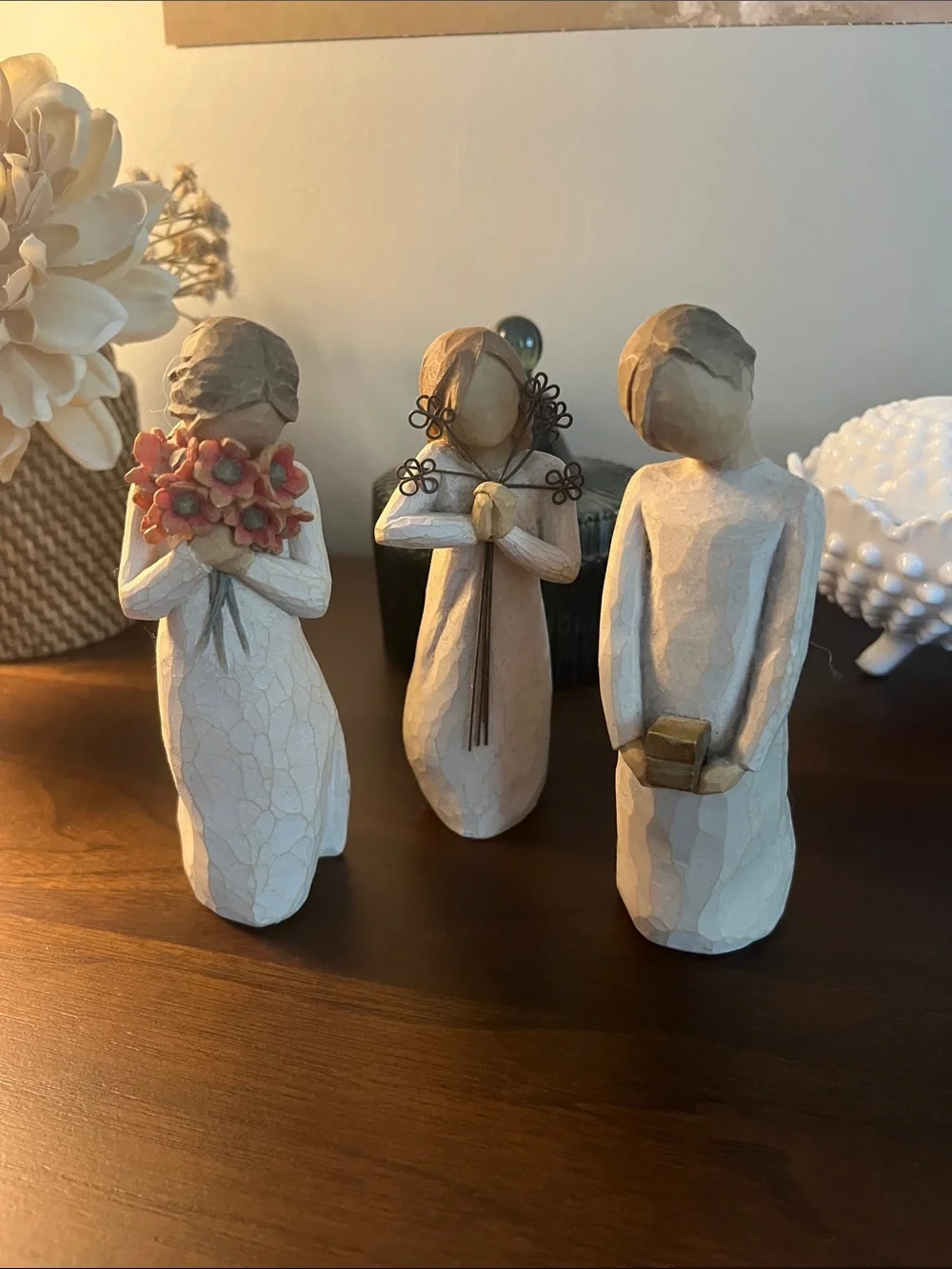Willow Tree Trio of White Resin Figurines with Coral Bouquet and Gold Accent